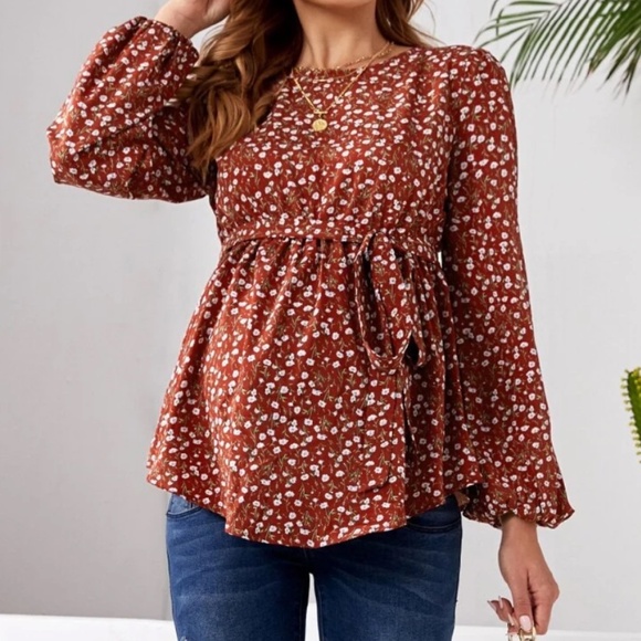 Maternity Floral Print Belted Long Sleeve Blouse - Picture 5 of 9